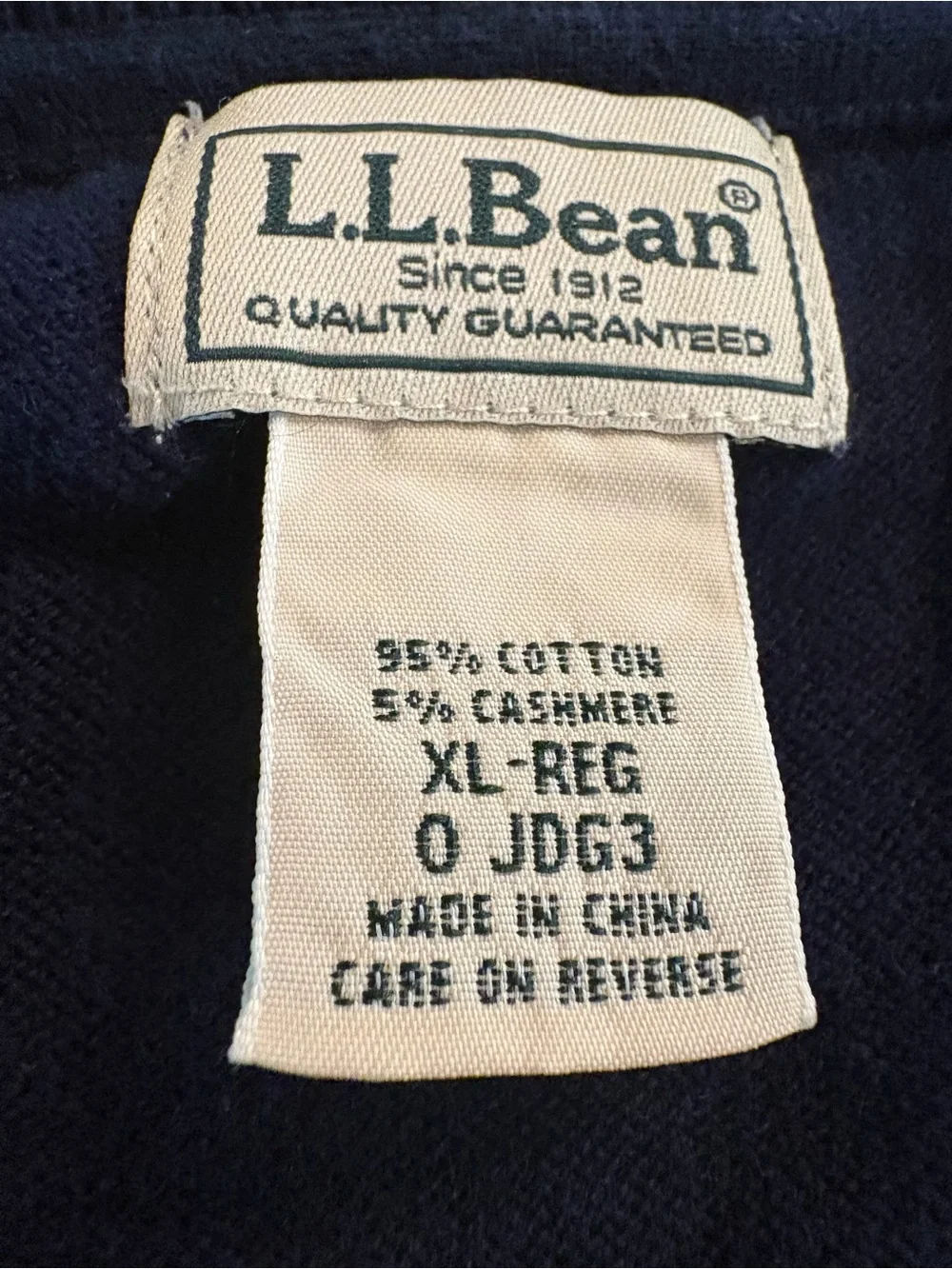 L.L.Bean Cotton Cashmere Sweater XL Reg Navy V-Neck Raglan Men